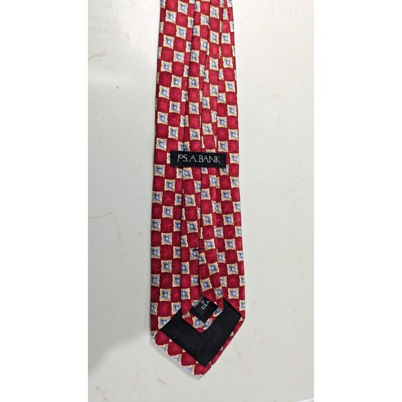 Jos. A. Bank Men's Silk Necktie Geometric Red/White/Blue/Gold Pattern Tie - Picture 3 of 3
